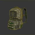 Tactical Military Weapon Backpack In Camouflage Pattern With Green Accents And Badge Design