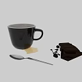 Hot Coffee In Black Mug With Spilled Stain Chocolate Pieces And Spoon On Wooden Table