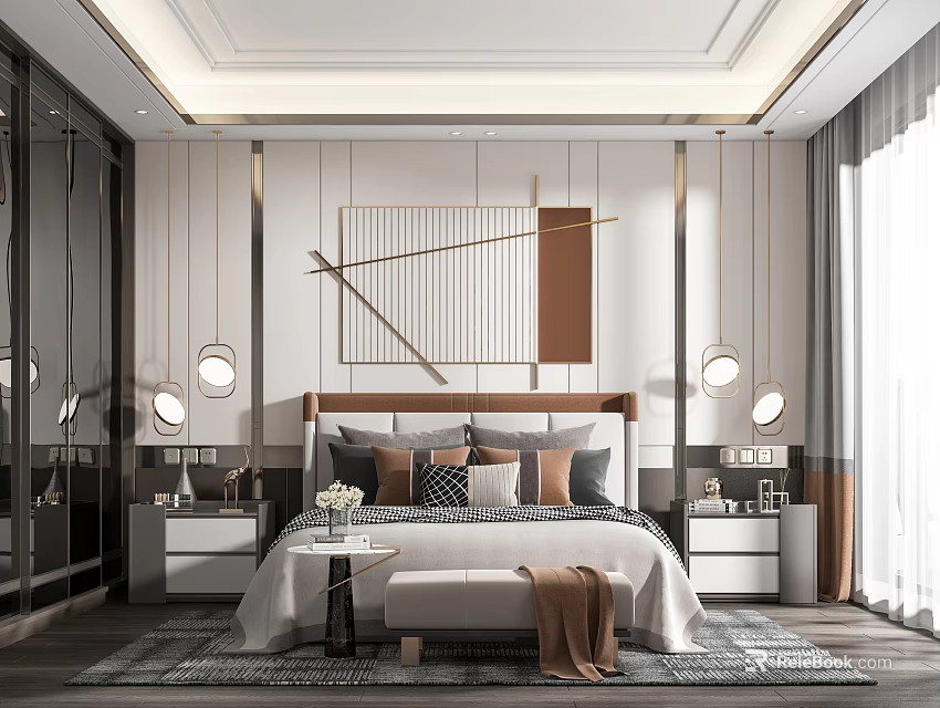 Elegant Modern Bedroom Interior With Geometric Wall Art Nightstands Pendant Lights And Accent Pillows 3d model 