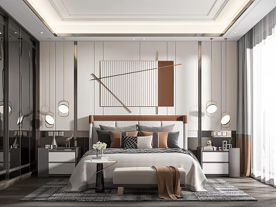 Elegant Modern Bedroom Interior With Geometric Wall Art Nightstands Pendant Lights And Accent Pillows 3d model
