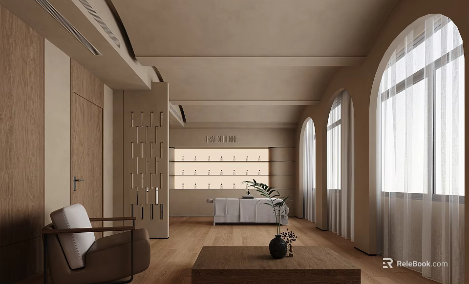 Modern Warm Beauty Salon Interior With Arched Windows And Comfortable Hair And Skin Care Space 3d model 