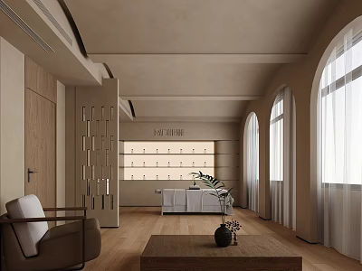 Modern Warm Beauty Salon Interior With Arched Windows And Comfortable Hair And Skin Care Space 3d model