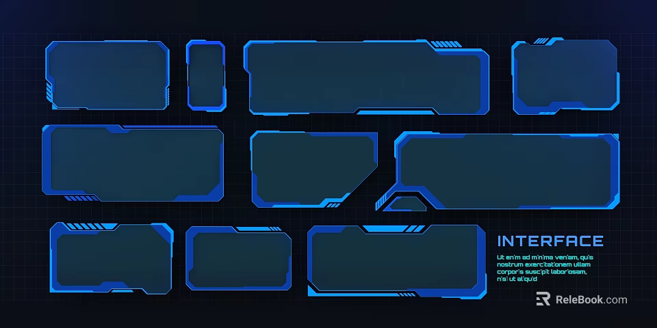Futuristic UI Interface Elements With Blue Borders On Dark Grid Background 3d model