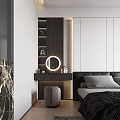 Modern Bedroom Interior With Black Leather Bed Gray Bedding White Cabinets And Wooden Panels