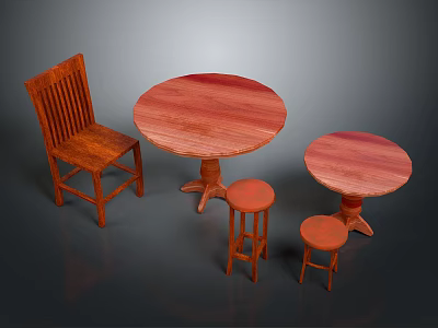 Wooden Dining Furniture Set With Round Table Chair And Small Stools 3d model
