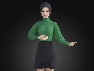 Woman Posing in Green Turtleneck Sweater and Black Ruffled Skirt on Black Background 3d model