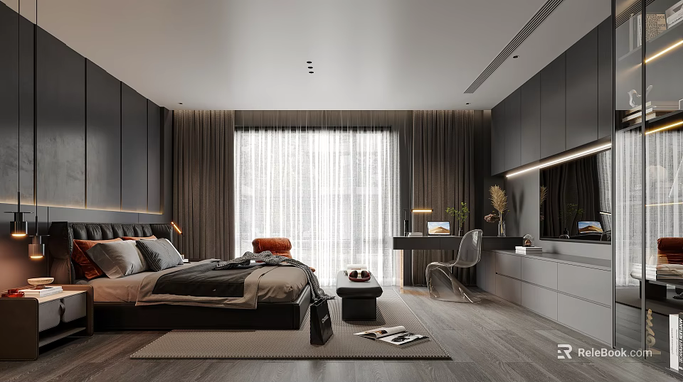 Modern Bedroom Interior With Dark Walls Large Window Curtains Bed Desk And Chair 3d model 