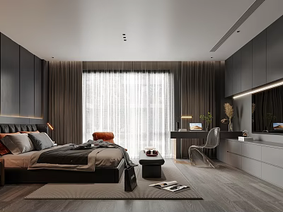 Modern Bedroom Interior With Dark Walls Large Window Curtains Bed Desk And Chair 3d model