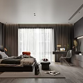 Modern Bedroom Interior With Dark Walls Large Window Curtains Bed Desk And Chair