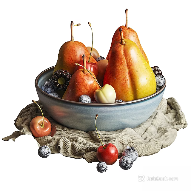 Fresh Mixed Fruits Bowl With Pears Cherries Blackberries And Blueberries On Cloth 3d model 