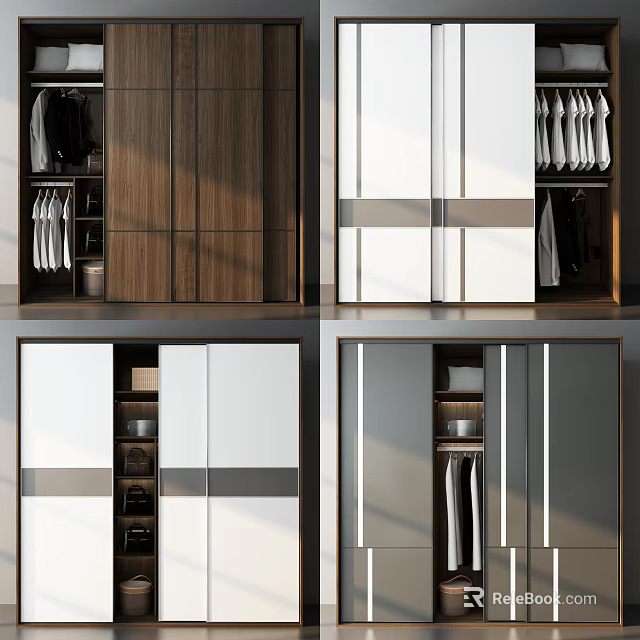 Modern Wardrobe Designs With Wooden White And Gray Sliding Doors Hanging Rods And Drawers 3d model 