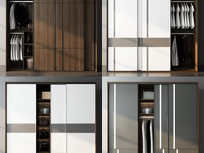 Modern Wardrobe Designs With Wooden White And Gray Sliding Doors Hanging Rods And Drawers 3d model