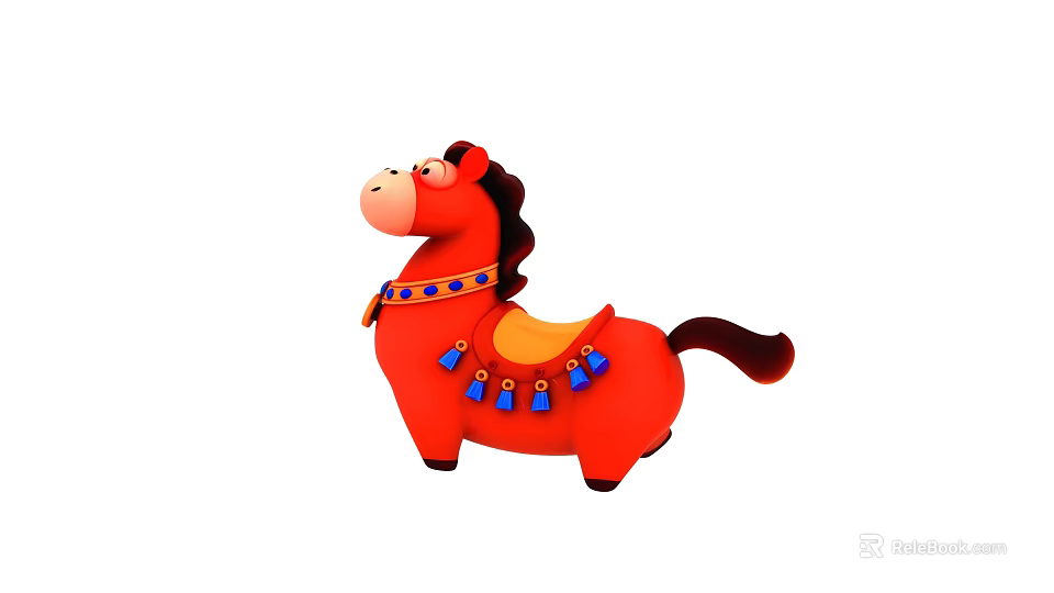 Cartoon Style Red Horse Doll With Saddle Blue Decorations And Tassels Collar 3d model 
