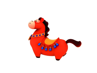 Cartoon Style Red Horse Doll With Saddle Blue Decorations And Tassels Collar 3d model