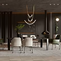 Modern Dining Room Interior With Dark Walls Large Windows Dining Table Chairs And Chandeliers