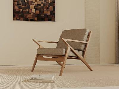 Modern Accent Chair with Wooden Frame and Light Gray Cushion Books Beside Decorative Wall Art 3d model