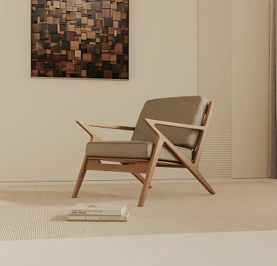 Modern Accent Chair with Wooden Frame and Light Gray Cushion Books Beside Decorative Wall Art 3d model