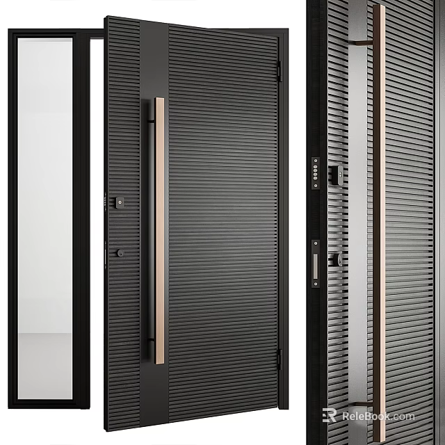 Elegant Modern Hinged Doors With Vertical Striped Panels And Metal Handles Design 3d model 
