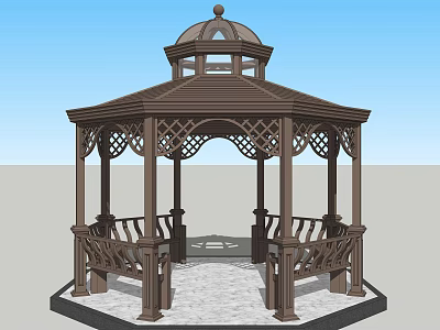 Brown Hexagonal Gazebo With Domed Roof Intricate Lattice Railings And Stone Floor 3d model