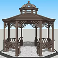 Brown Hexagonal Gazebo With Domed Roof Intricate Lattice Railings And Stone Floor
