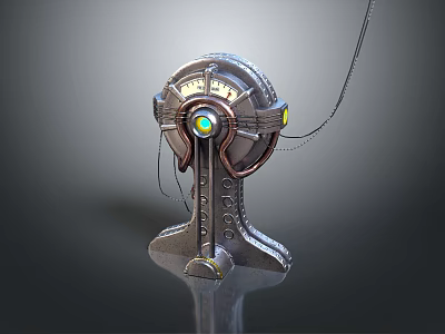Metallic Mechanical Equipment Featuring Circular Head Green Glowing Component Yellow Details And Connecting Cables 3d model