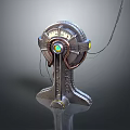Metallic Mechanical Equipment Featuring Circular Head Green Glowing Component Yellow Details And Connecting Cables