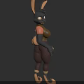 3D Rabbit Character With Long Ears Orange Eyes Pink Inner Ears Brown Pants Ankle Straps