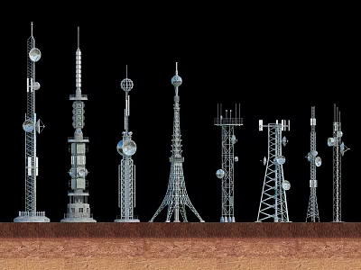 Various Communication Towers With Different Designs And Metal Antennas Structures 3d model