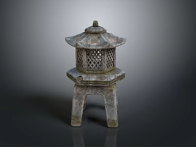 Traditional Stone Lantern With Hexagonal Base And Carved Lattice Design 3d model