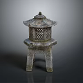 Traditional Stone Lantern With Hexagonal Base And Carved Lattice Design 3d model