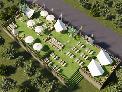 Garden Landscape Design With Green Lawn White Tents Umbrellas Seats And Wooden Fences 3d model