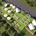 Garden Landscape Design With Green Lawn White Tents Umbrellas Seats And Wooden Fences