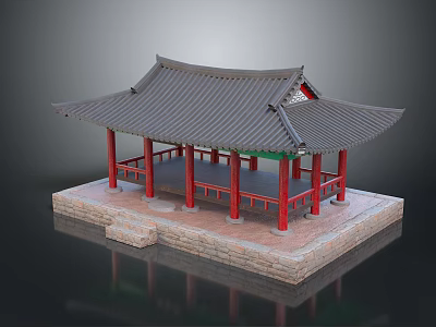 Traditional Chinese Pavilion With Red Pillars And Black Tiled Roof On Stone Platform 3d model