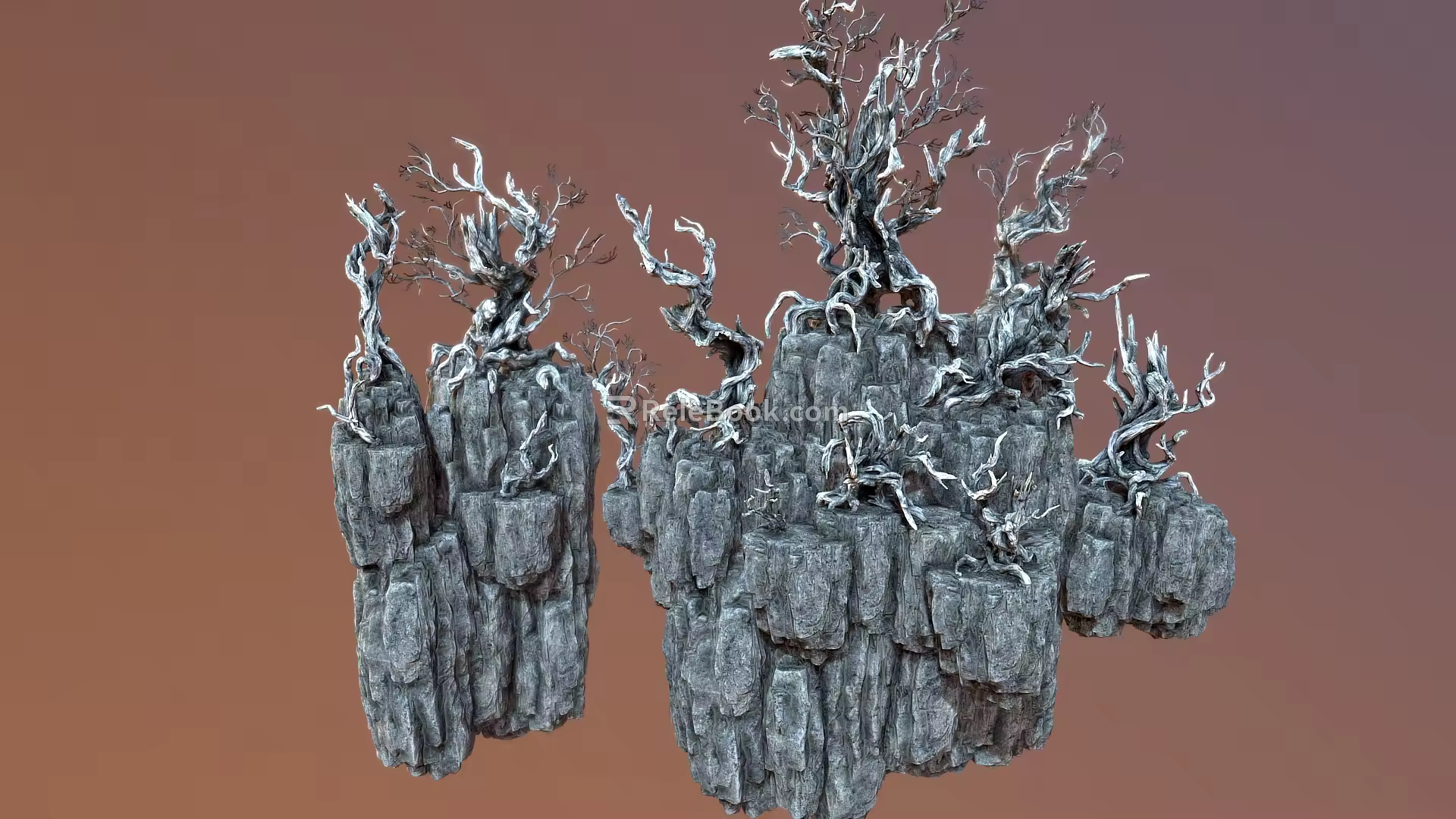 Floating Island Mountain Cartoon Mountain Stone Rock Trunk Tree Branch Cartoon Tree 3d model