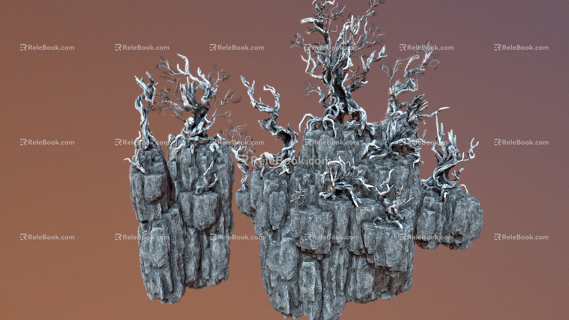 Floating Island Mountain Cartoon Mountain Stone Rock Trunk Tree Branch Cartoon Tree 3d model