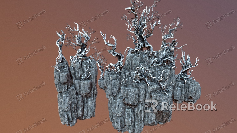 Floating Island Mountain Cartoon Mountain Stone Rock Trunk Tree Branch Cartoon Tree model