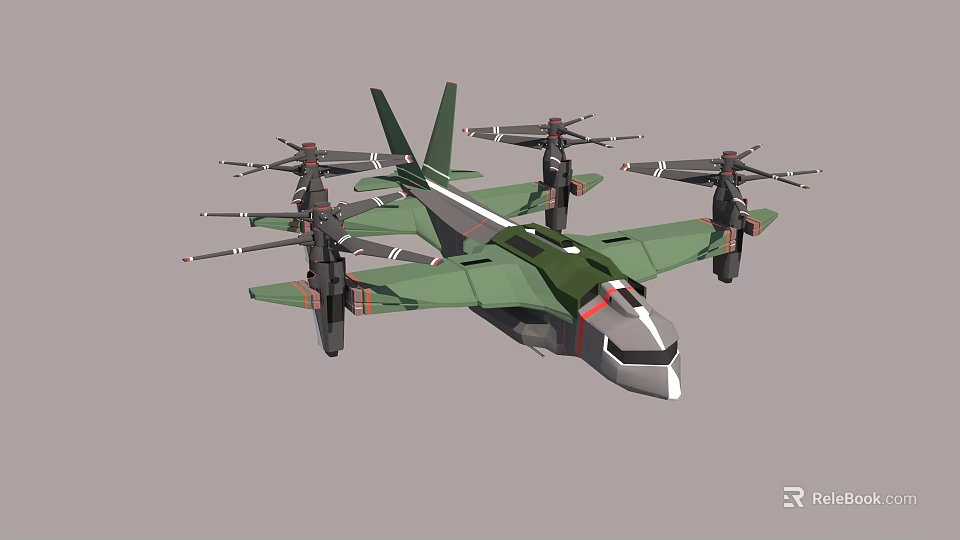 3D Model of Military Fighter Jet with Multiple Propellers Green Camouflage Design and Aerodynamic Wings 3d model 