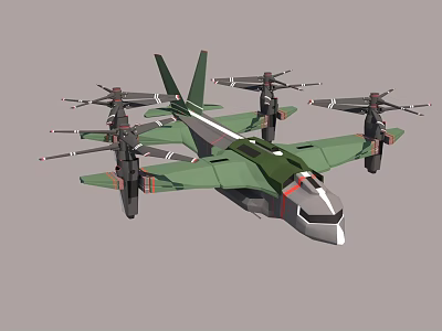 3D Model of Military Fighter Jet with Multiple Propellers Green Camouflage Design and Aerodynamic Wings 3d model