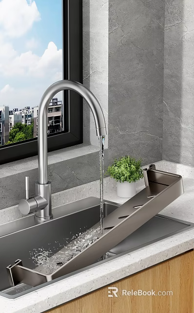 Modern Kitchen Sink Design With Chrome Faucet Green Plant And Gray Wall 3d model 