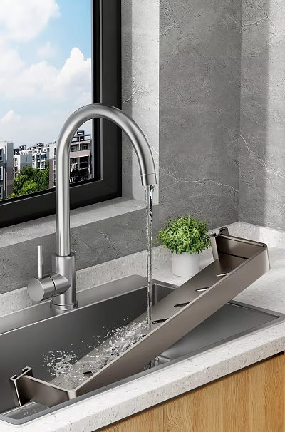 Modern Kitchen Sink Design With Chrome Faucet Green Plant And Gray Wall 3d model