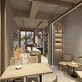 Modern Cafe Interior With Wooden Counter Coffee Machine Warm Lighting Tables Chairs And Menu Board