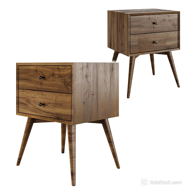 Sleek Modern Bedside Table In Walnut Wood With Two Drawers And Tapered Legs 3d model 