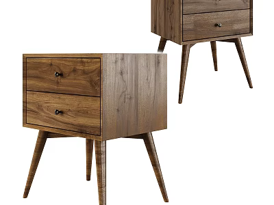 Sleek Modern Bedside Table In Walnut Wood With Two Drawers And Tapered Legs 3d model