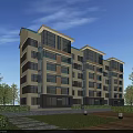 Modern Multistory Residential Building With Glass Curtain Walls Green Lawns Trees Pathways And Street Lamps