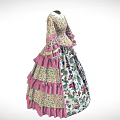 Floral Print Vintage Dress With Long Sleeves Pink Ruffled Trim And Fitted Waist Design