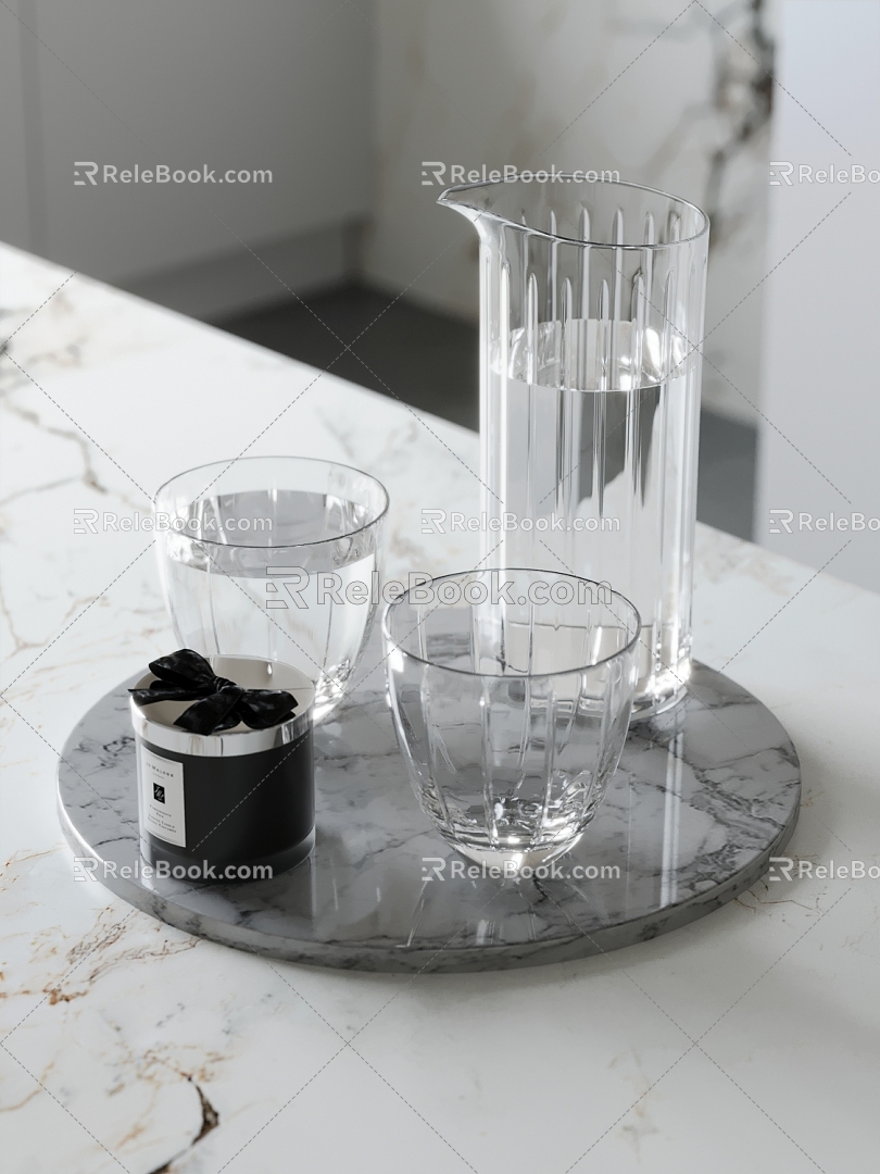 kitchen ornaments cup tray marble kitchen utensils 3d model