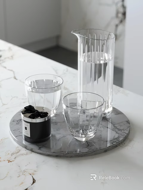Stylish Glass Cups And Carafe With Candle On Marble Tray 3d model 