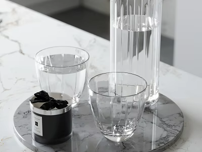 Stylish Glass Cups And Carafe With Candle On Marble Tray 3d model