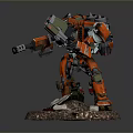Orange Green Colored Mechanical Robot Featuring Mechanical Arm Standing On Rocky Debris Base