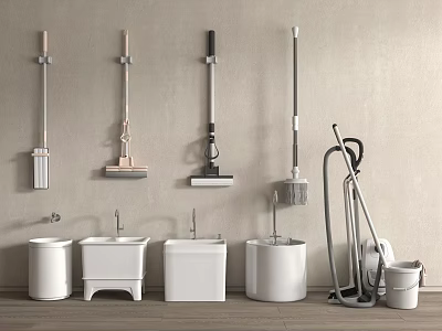 Wall Mounted Cleaning Tools Arrangement With Mops Buckets And Sinks 3d model